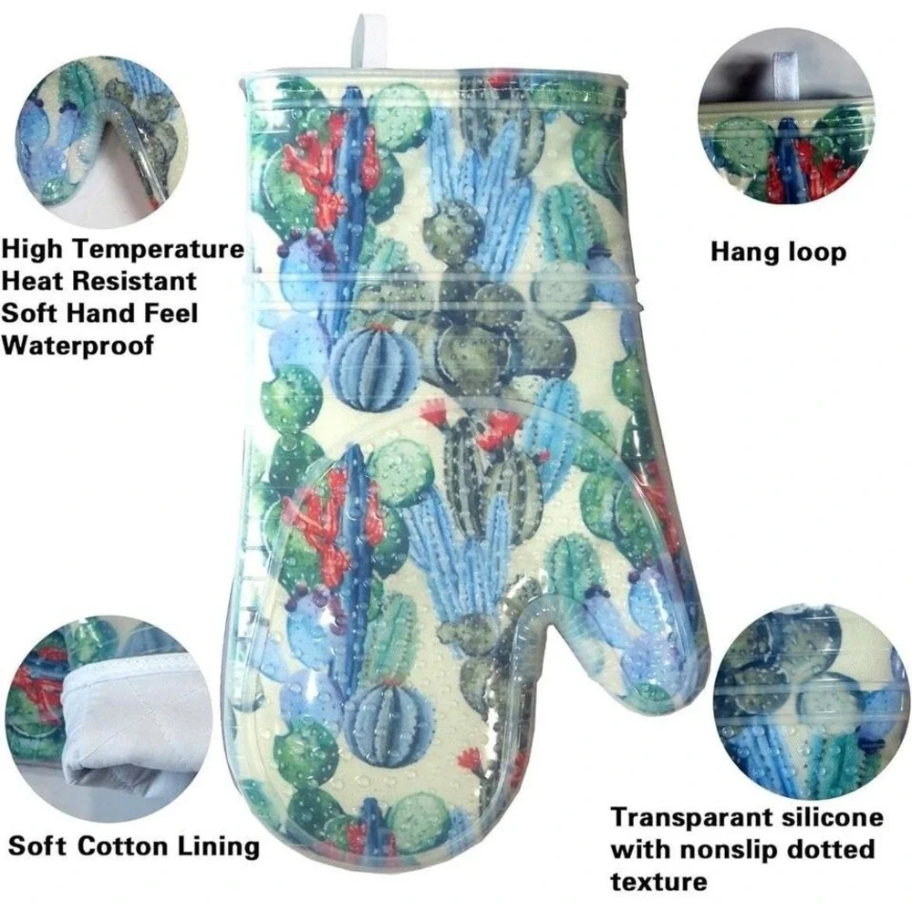 Oven Mitts Cactus Set of 2 Silicone Shell Heat Resistant 500 F KitchenWaterproof